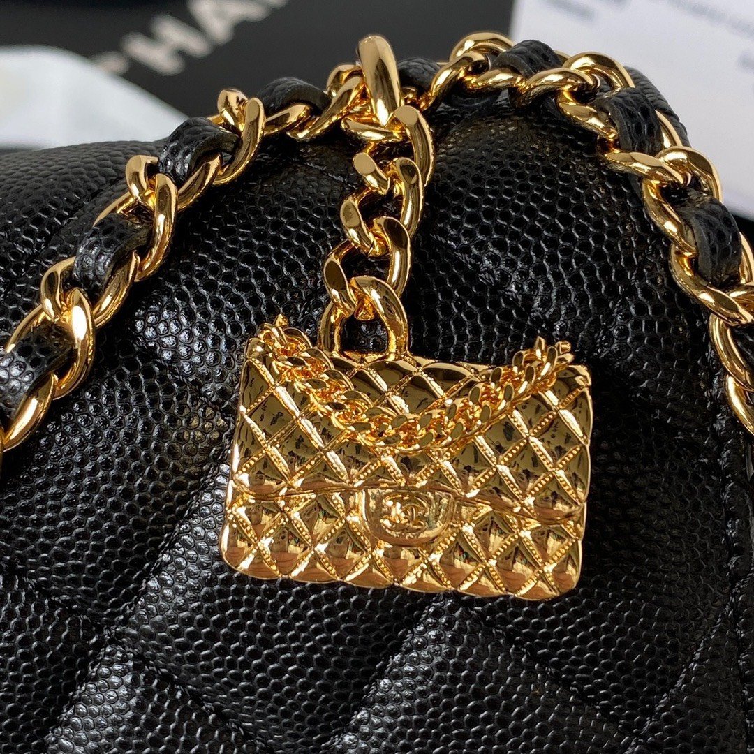 Chanel Woc Charm Replica 11 Handbag Lizard Skin Black With Gold Lock 20cm - Image 5