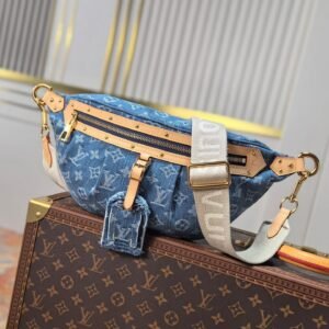 LV 25S BUMBAG 38 IN BLUE MONOGRAM DENIM LEATHER TRIM GOLD HARDWARE